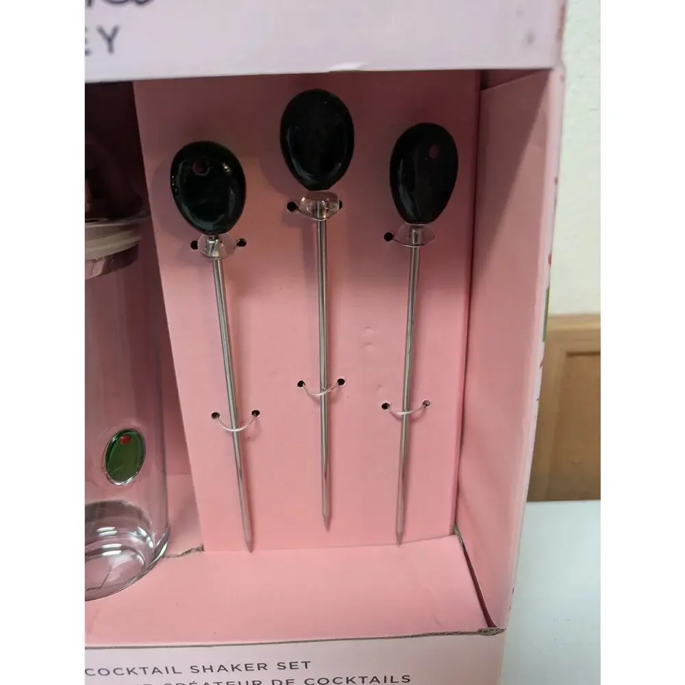 Frankie Grey glass cocktail shaker w/ three cocktail metal picks olive theme NIB